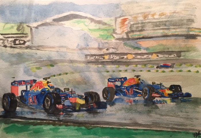 Max Verstappen overtakes team mate Daniel Ricciardo in the wet at Interlagos, São Paulo; watercolours.